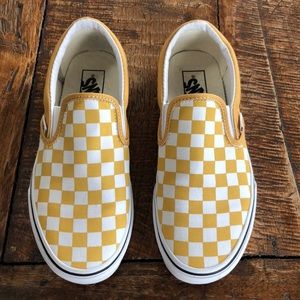 Mustard yellow checkered slip on vans